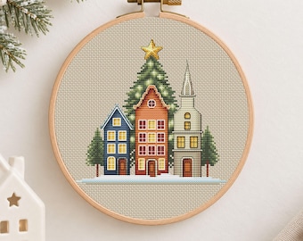 Christmas Village Cross Stitch Pattern, Winter Houses Embroidery (PDF Download)