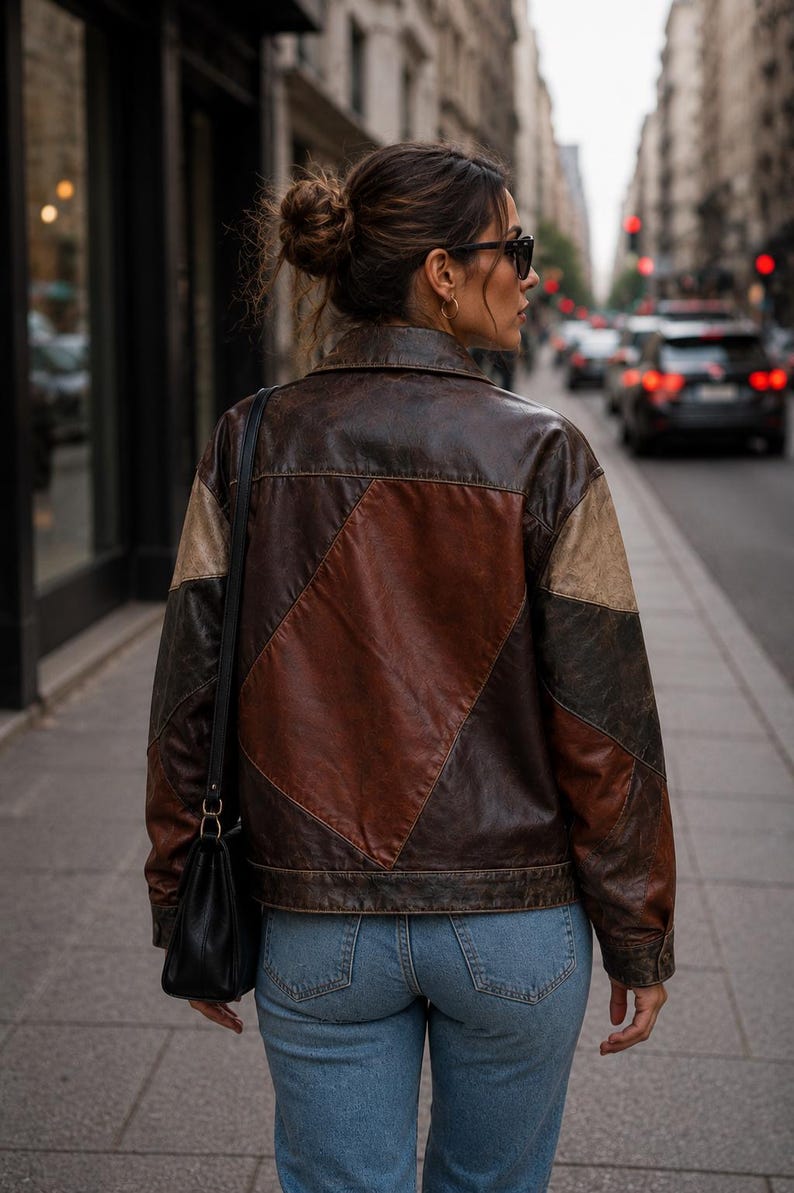 May include: A brown leather jacket featuring a patchwork design with geometric panels in varying shades of dark brown, tan, and reddish-brown, paired with light blue denim jeans and a black shoulder bag with a thin strap.