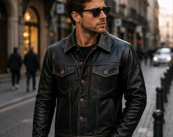 Bruin leren truckerjack voor heren | Handgemaakte vintage biker westernjas