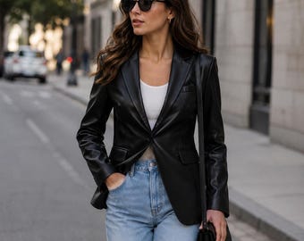 Zwarte lamsleren blazer | Office-jack met één knop voor dames