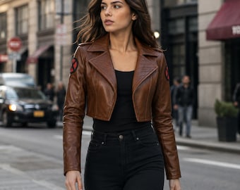 X-Men 97 Rogue Brown Leather Cropped Jacket | Women's Biker Cosplay Costume