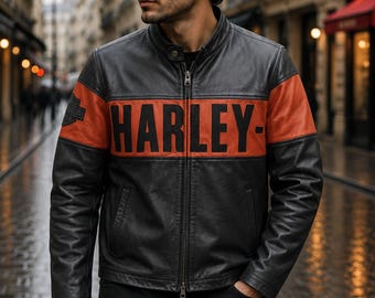 Zwart oranje leren heren motorjas in Harley-stijl, vintage racefietsjas
