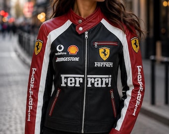 Chaqueta vintage de F1, de cuero rojo, estilo motero Ferrari Racing, unisex.