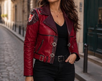 bordeauxrode leren bikerjack dames | Slim-fit racejas, cosplaykleding