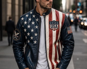 Handgemaakt leren bikerjack met Amerikaanse vlag | USA Patriotic Cafe Racer-jas