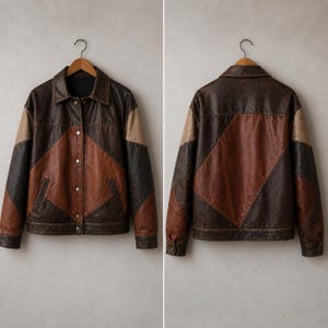 May include: A long-sleeve jacket featuring a color-blocked design in shades of dark brown, medium brown, and tan. The front includes a pointed collar, a button-down placket with silver-toned metal buttons, and two side pockets. The back is plain.