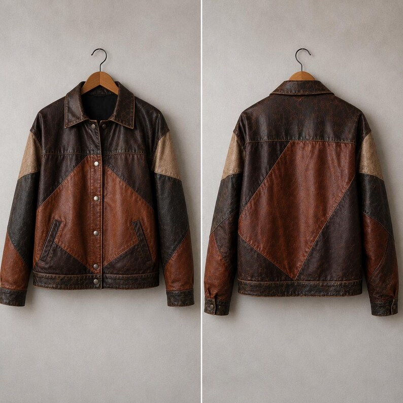 May include: A long-sleeve jacket featuring a color-blocked design in shades of dark brown, medium brown, and tan. The front includes a pointed collar, a button-down placket with silver-toned metal buttons, and two side pockets. The back is plain.