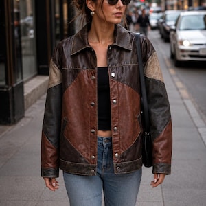 May include: A multi-toned brown leather jacket featuring a color-blocked design with dark brown, medium brown, and tan panels. The jacket has a classic collar, silver-toned metal snap buttons down the front, long sleeves, and two side pockets.