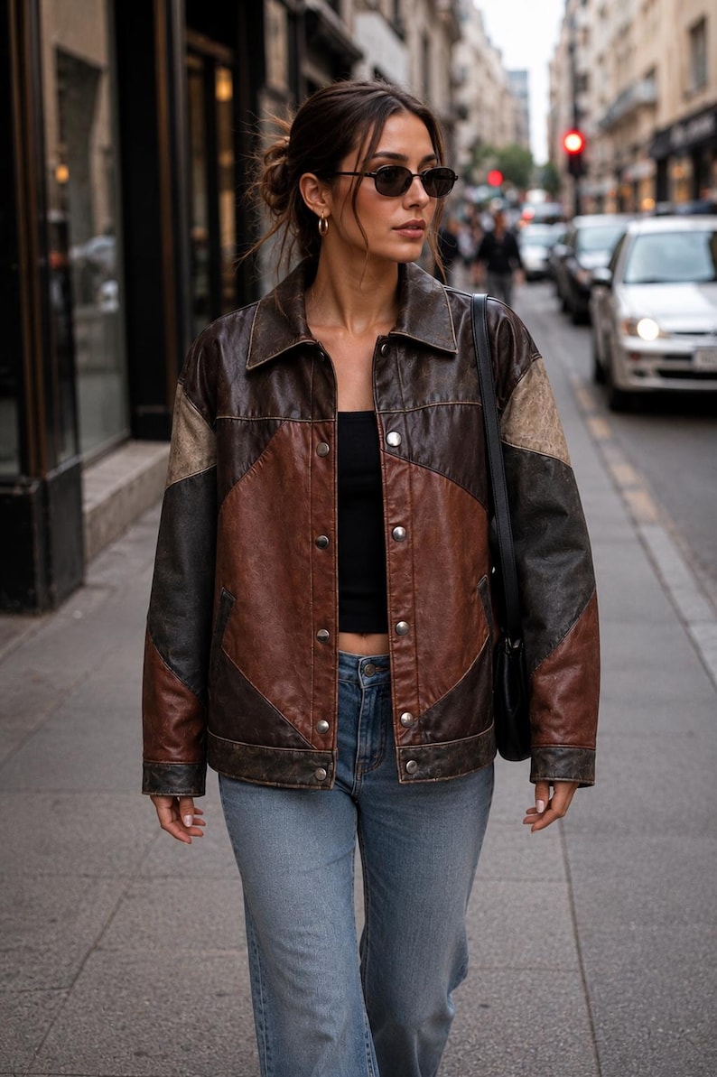 May include: A multi-toned brown leather jacket featuring a color-blocked design with dark brown, medium brown, and tan panels. The jacket has a classic collar, silver-toned metal snap buttons down the front, long sleeves, and two side pockets.