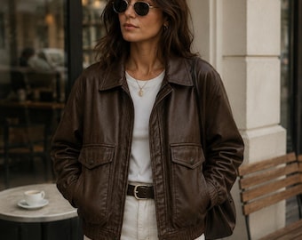 Oversized bruin leren bomberjack | Echte pilotenjacket