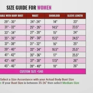 May include: A size guide chart for clothing with columns for size, bust, waist, shoulder, and sleeve length in inches. The table lists sizes from XXS to XXXXL with corresponding measurements and a pink silhouette graphic indicating bust and waist.