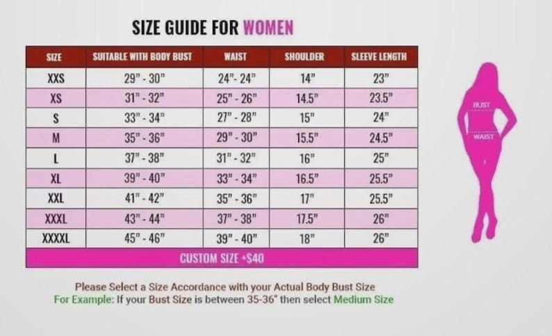 May include: A size guide chart for clothing with columns for size, bust, waist, shoulder, and sleeve length in inches. The table lists sizes from XXS to XXXXL with corresponding measurements and a pink silhouette graphic indicating bust and waist.