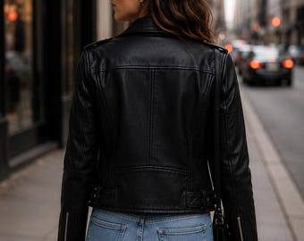 Handgemaakt zwart leren bikerjack voor dames | Slim-fit Moto Cafe Racer-jas