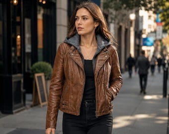 Bruine echt lamsleren bikerjack met capuchon voor dames | Asymmetrische motorjas