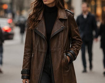 Bruine echt leren trenchcoat dames | Handgemaakte vintage winterjas met riem