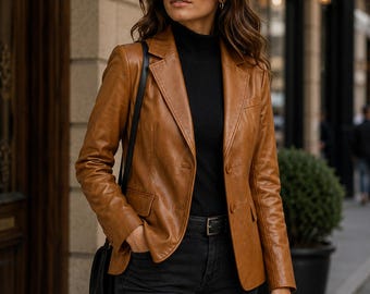 Women's Sheep Skin Leather Blazer | Handmade Tailored Cognac Jacket