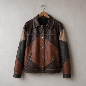May include: A color-blocked leather jacket featuring a geometric pattern of dark brown, medium brown, and tan panels. The jacket has a classic collar, long sleeves, a button-front closure with silver-toned metal buttons, and two side pockets.