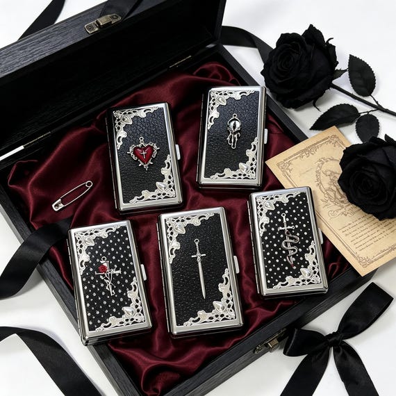 Handmade Gothic Metal Cigarette Case – Cross Snake Eye Heart Rose – Fits Slim Medium Regular – Dark Aesthetic Gift for Men