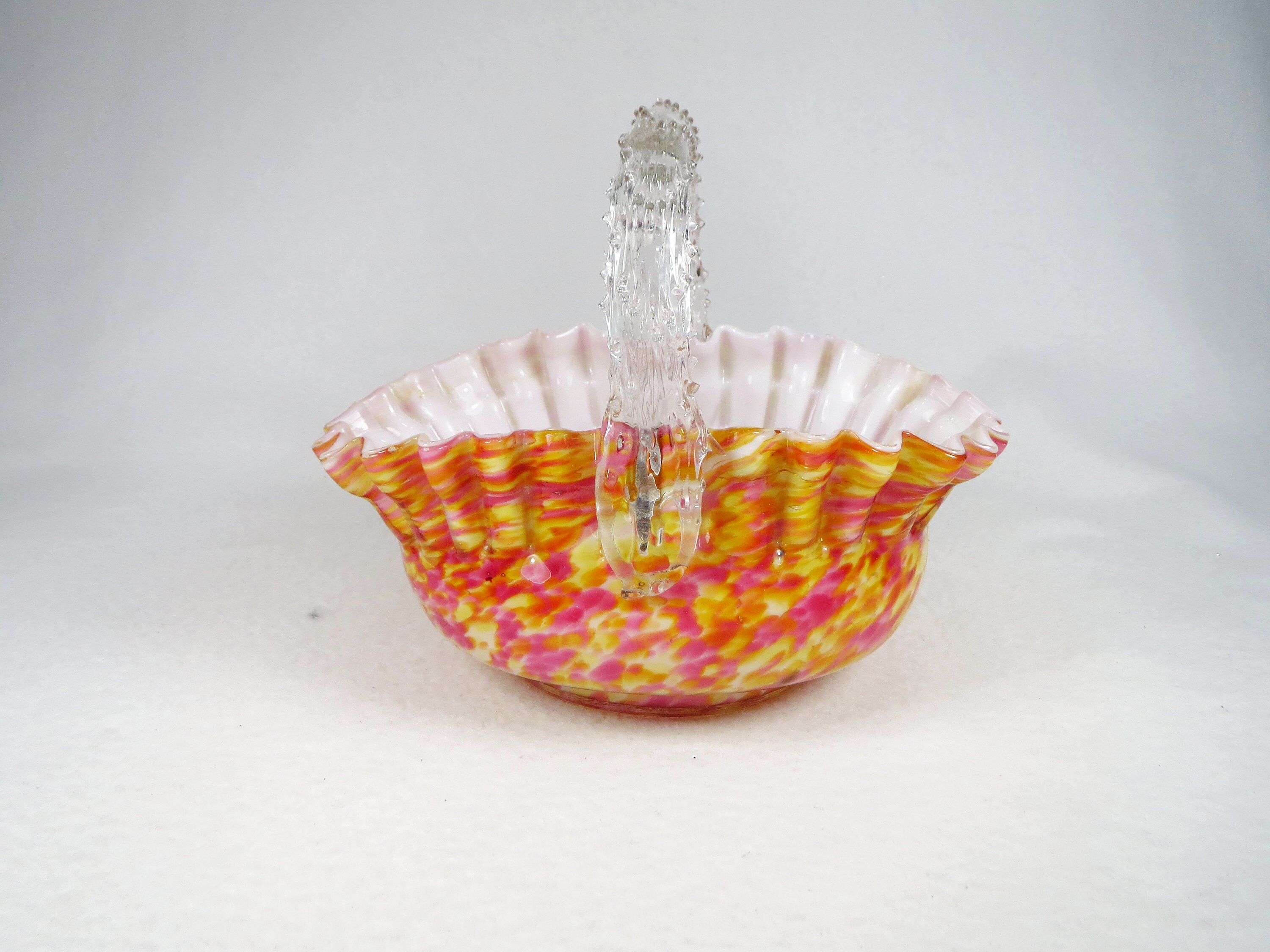 Beautiful Antique Czech End of Day Glass Basket with thorn handles