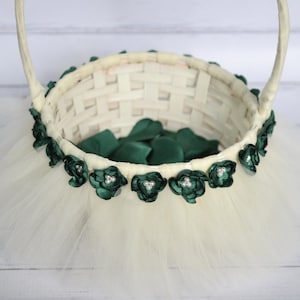 Ivory tutu flower basket with dark green satin flowers, faux pearls, emerald wedding basket - custom colors available