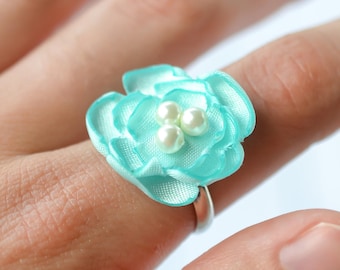 Aqua satin flower ring with faux pearls - size 6.5+ adjustable statement ring, bridesmaids accessories