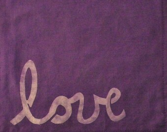Hand Stenciled Purple Cloth Napkin: Love Design, Reusable Serviette