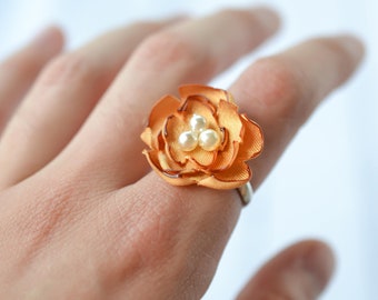 Antique gold color satin flower ring with faux pearls - ladies size 6.5+ (adjustable) statement jewelry, made to order