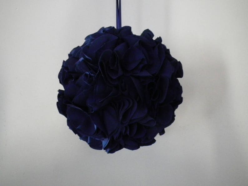 Navy kissing ball, 6 blue fabric pomander, floral ball, flower girl basket alternative, ruffled hanging decoration made to order image 7