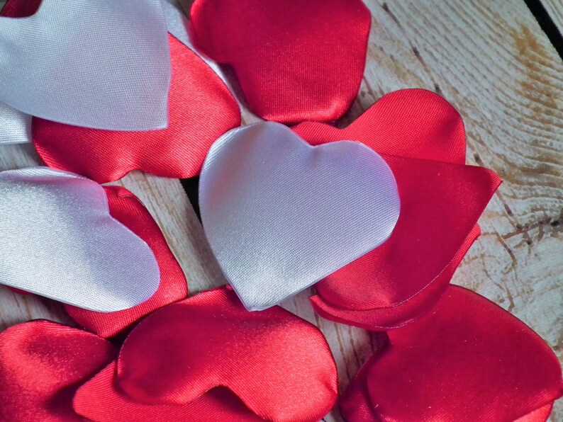 Heart shaped red and white satin rose petals, for wedding aisle, reception, 40th ruby anniversary, artificial flower petals, made to order image 2