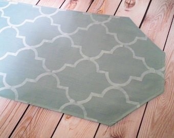 Short seafoam table runner with stenciled Moroccan quatrefoil pattern, green bureau scarf