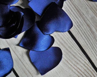 Heart shaped royal blue satin rose petals, artificial flower petals