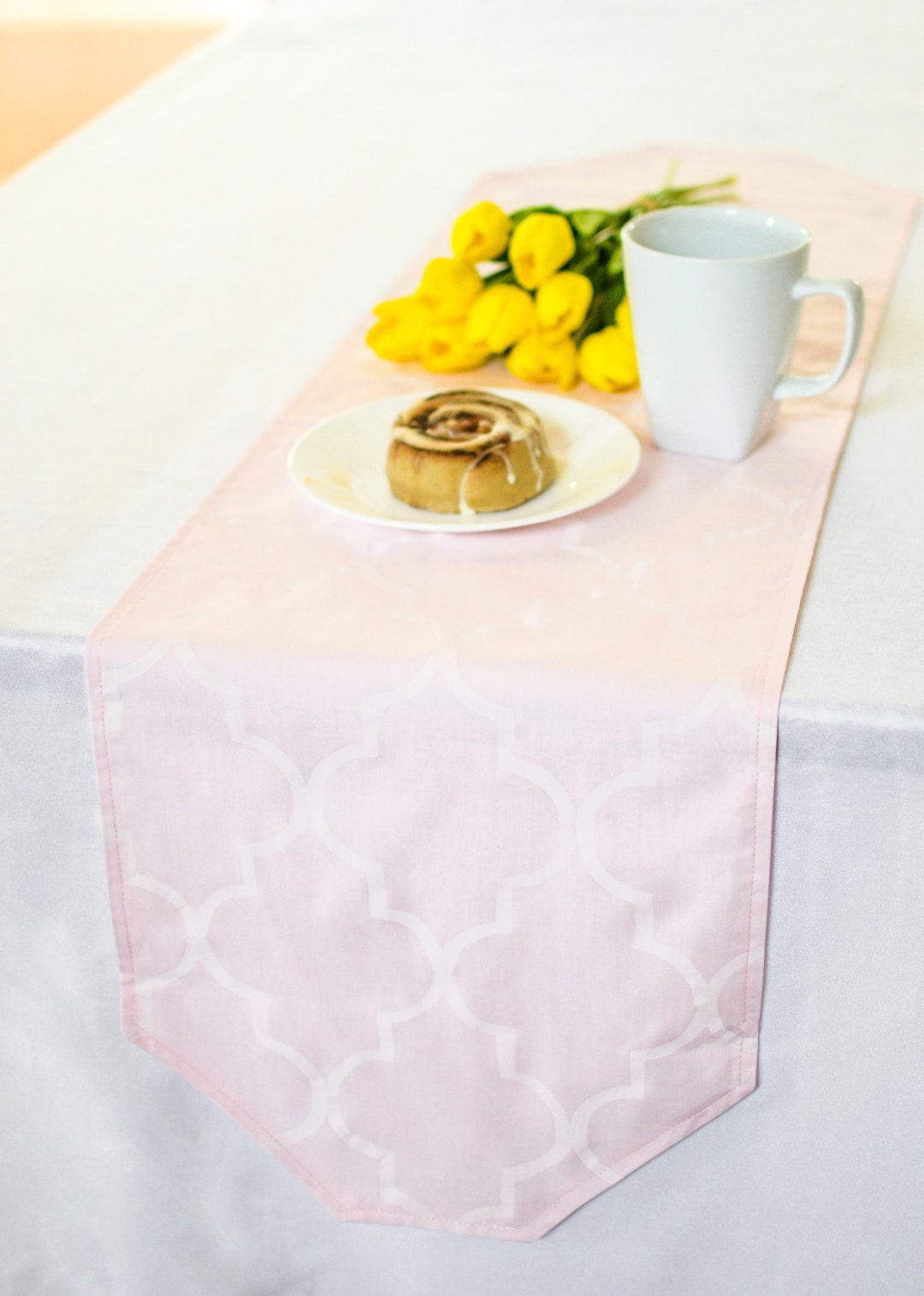 Soft Pink Table Runner With Stenciled Quatrefoil Pattern, Furniture