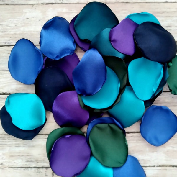 Peacock satin rose petals, artificial teal, purple, royal,navy, dark green, and turquoise flower petals, made to order