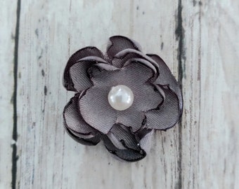 Dark gray satin flower embellishments for DIY wedding projects, 1" charcoal flowers with faux pearl centers