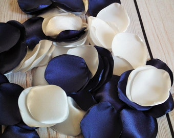 Ivory and navy satin rose petals blend, flower girl basket petals, aisle decor, table scatter, blue and cream flower petals, made to order