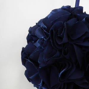 Navy kissing ball, 6 blue fabric pomander, floral ball, flower girl basket alternative, ruffled hanging decoration made to order image 4