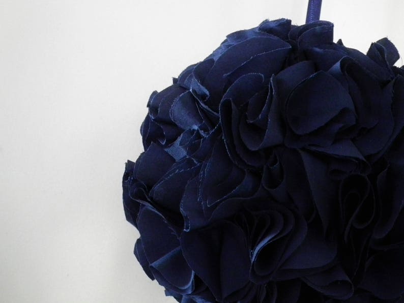 Navy kissing ball, 6 blue fabric pomander, floral ball, flower girl basket alternative, ruffled hanging decoration made to order image 4