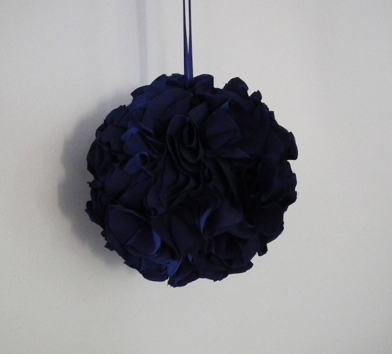 Navy kissing ball, 6 blue fabric pomander, floral ball, flower girl basket alternative, ruffled hanging decoration made to order image 3