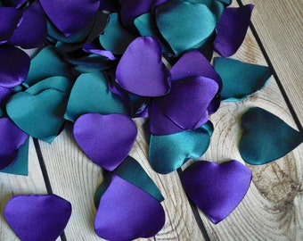Heart shaped purple and teal satin rose petals - for wedding, anniversary, or romantic date night, artificial flower petals, made to order