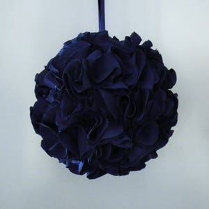 Navy kissing ball, 6 blue fabric pomander, floral ball, flower girl basket alternative, ruffled hanging decoration made to order image 2