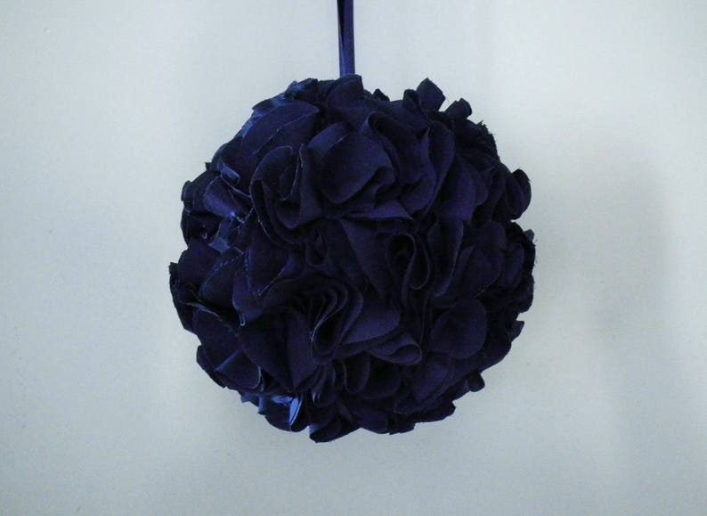 Navy kissing ball, 6 blue fabric pomander, floral ball, flower girl basket alternative, ruffled hanging decoration made to order image 2