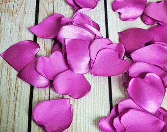 Heart shaped radiant orchid colored satin rose petals, artificial purple flower petals