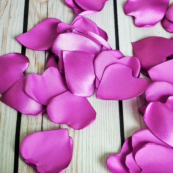 Heart shaped radiant orchid colored satin rose petals, artificial purple flower petals