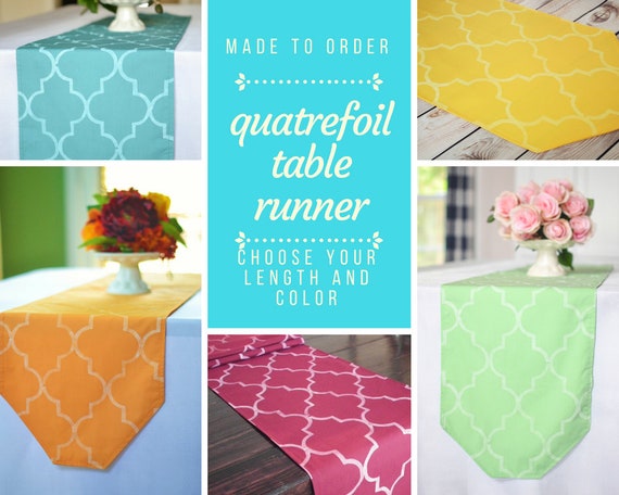 blue bureau scarf Short dresden table runner with stenciled moroccan quatrefoil pattern in white