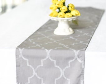 Moroccan style gray table runner, stenciled quatrefoil pattern, moroccan home decor