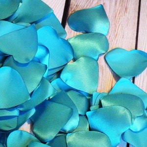 Heart shaped turquoise satin rose petals, artificial aqua blue flower petals