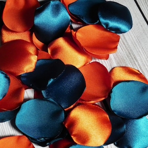 Pumpkin and teal satin rose petals blend, orange and blue green flower basket petals, aisle decor, table scatter