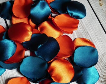 Pumpkin and teal satin rose petals blend, orange and blue green flower basket petals, aisle decor, table scatter