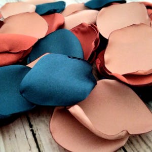 Rose gold, teal, and terracotta satin rose petals, artificial flower petals, made to order