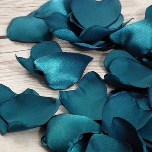 Heart shaped teal satin rose petals, artificial blue green flower petals image 2